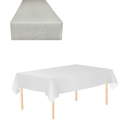 Plastic Tablecloth and Hesian Table Runner Set - White & Silver