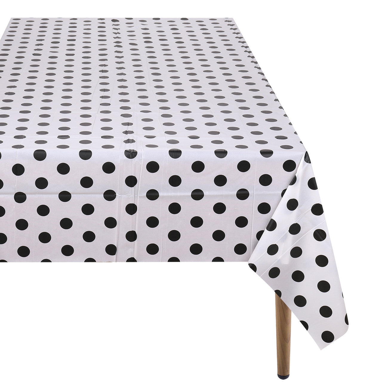 Rectangular Plastic Disposable Tablecloth - White - Black Polka Dot Print