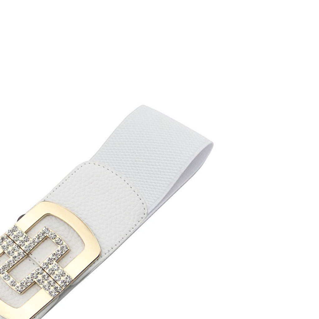 Elasticated Belt with Cross Diamante Buckle - White