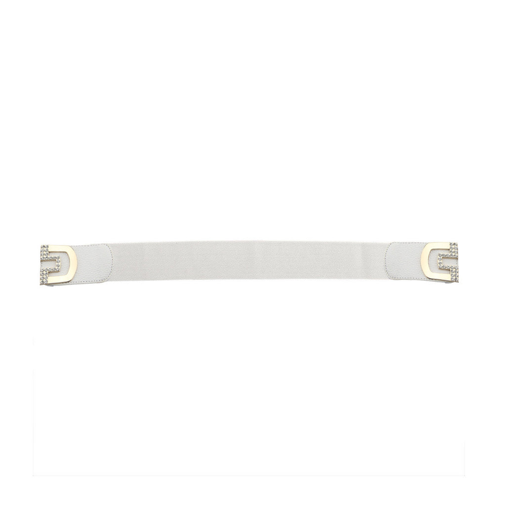 Elasticated Belt with Cross Diamante Buckle - White