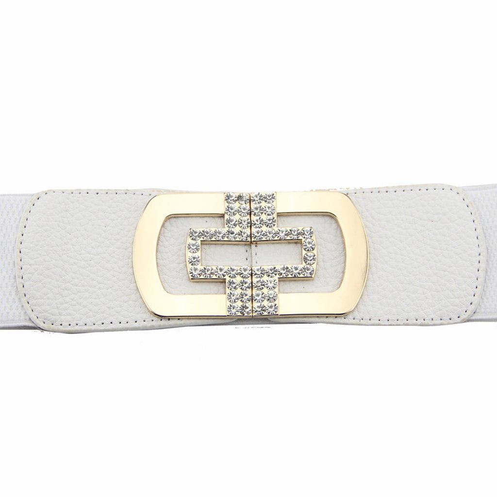 Elasticated Belt with Cross Diamante Buckle - White