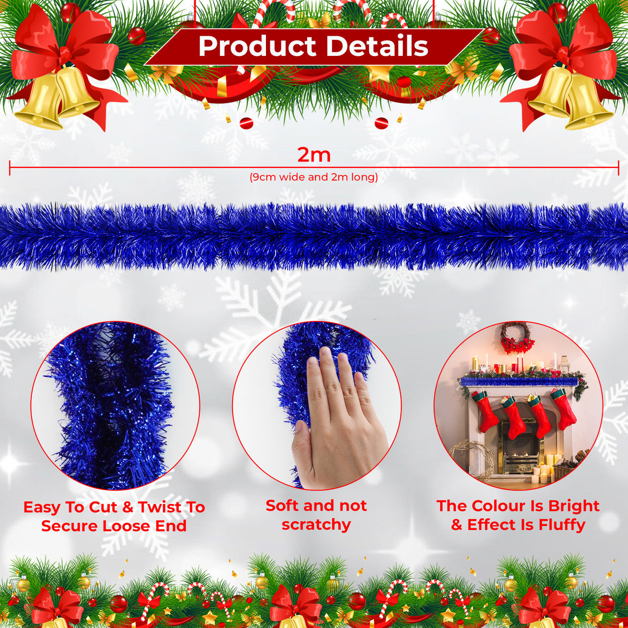 2m Christmas Tinsel Garland - Blue