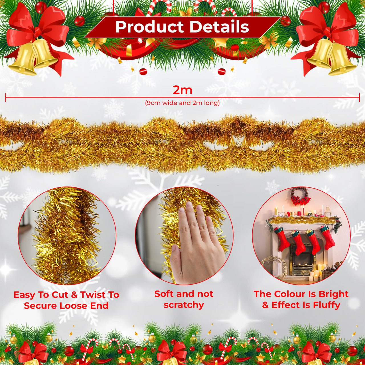 2m Christmas Tinsel Garland - Gold