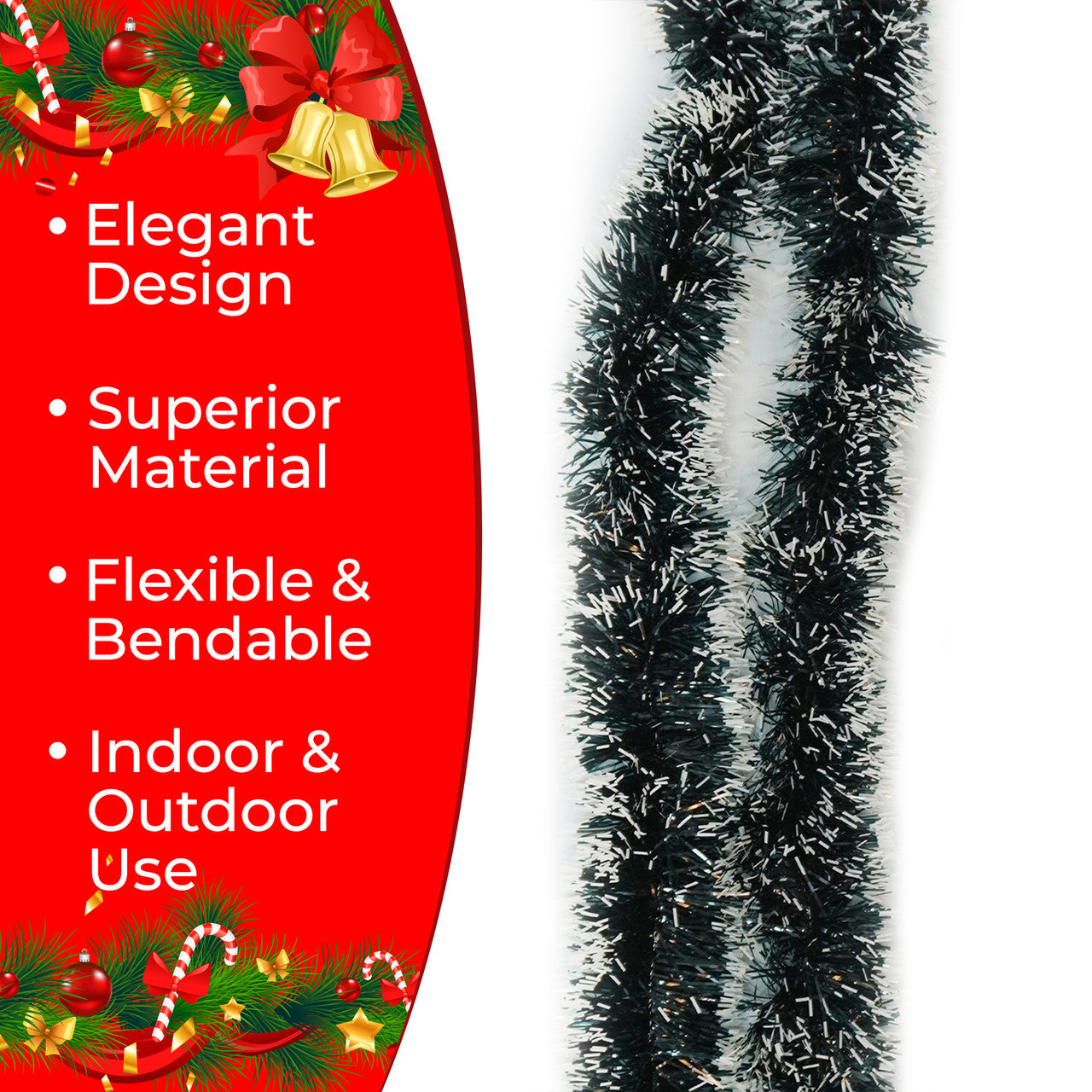 2m Christmas Tinsel Garland - Dark Green & White