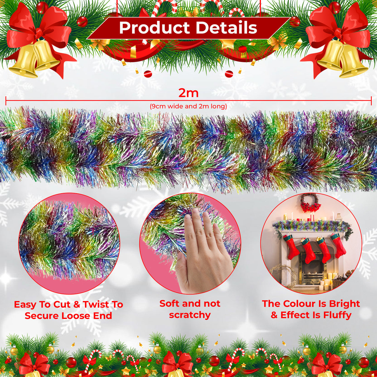 2m Christmas Tinsel Garland - Rainbow