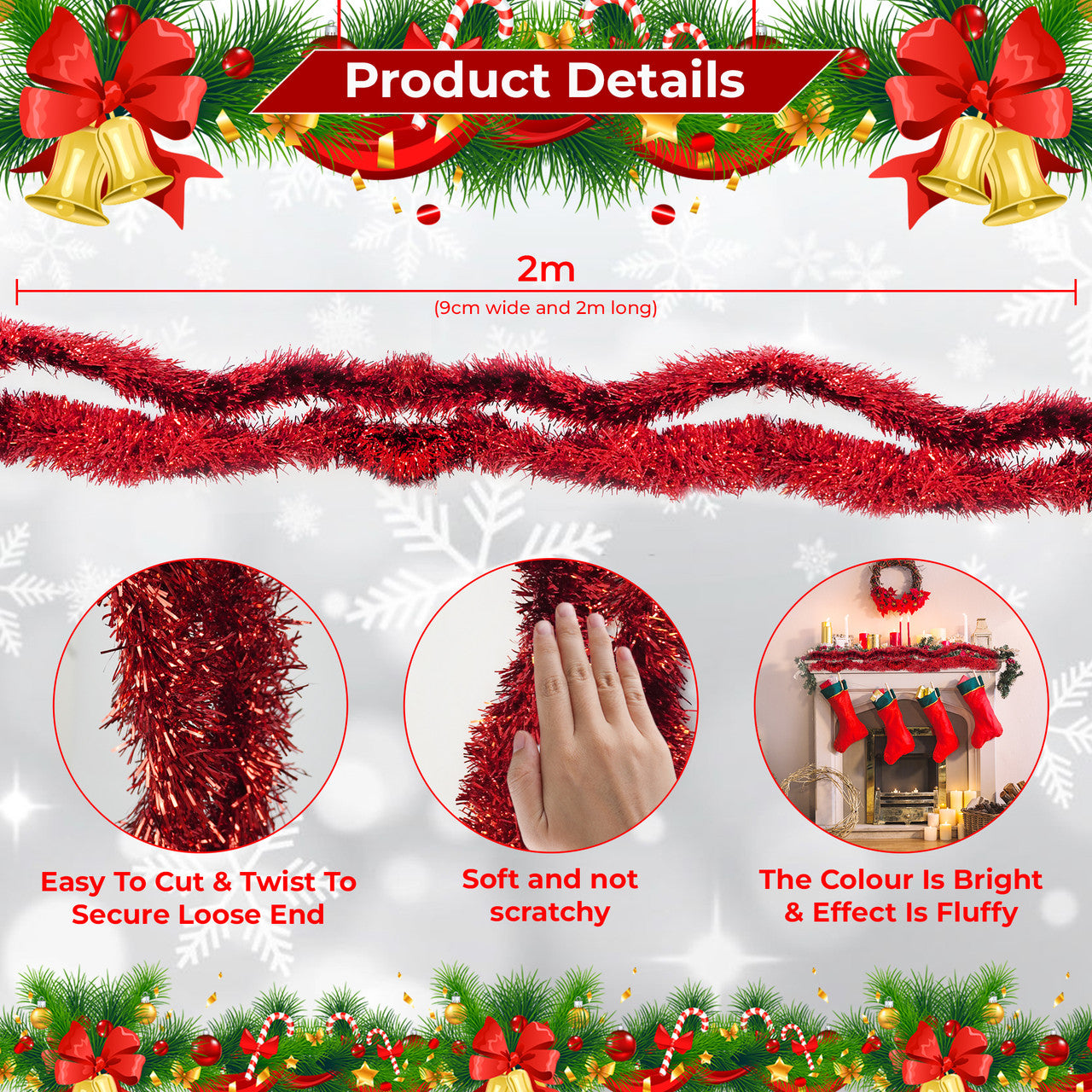 2m Christmas Tinsel Garland - Red