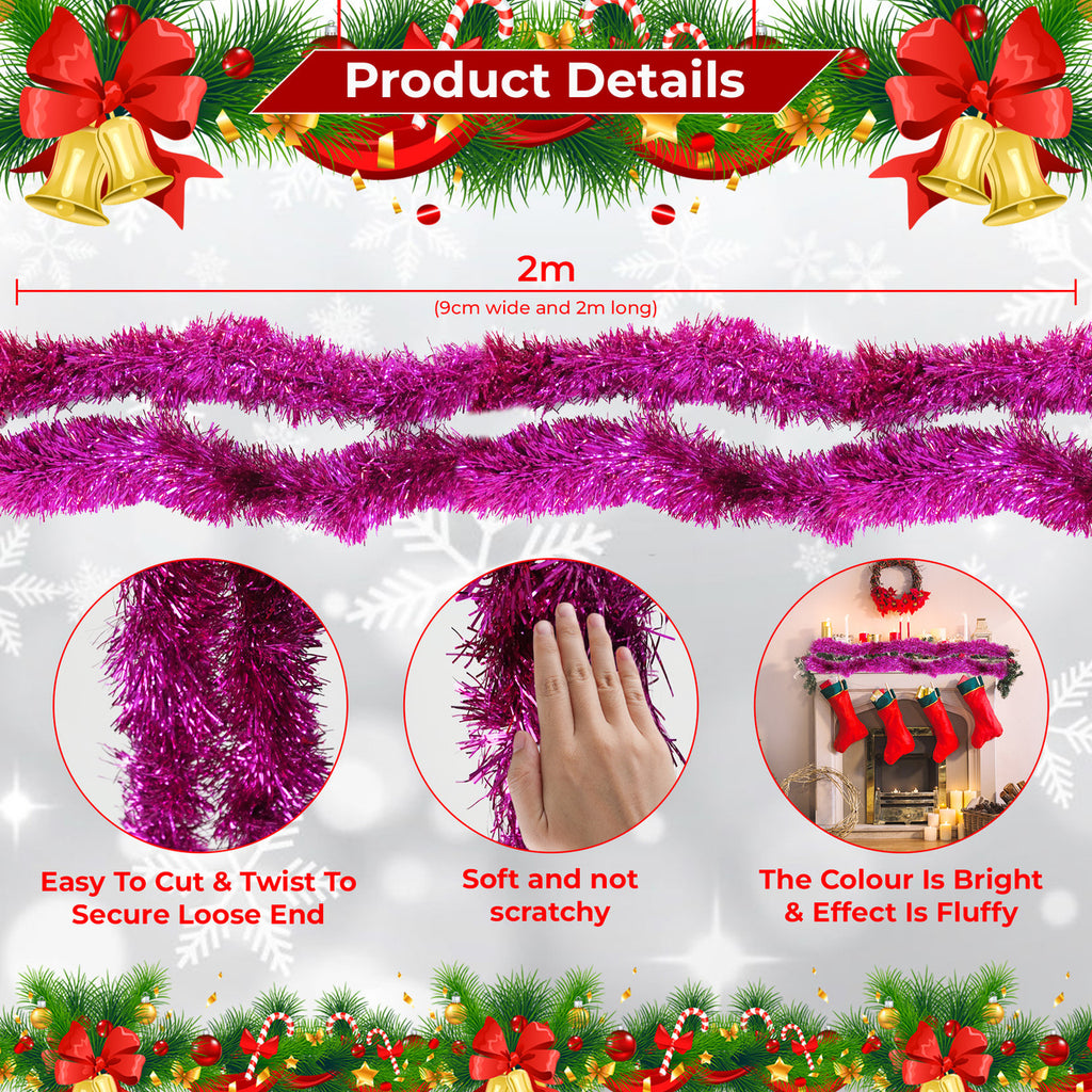 2m Christmas Tinsel Garland - Rose Pink