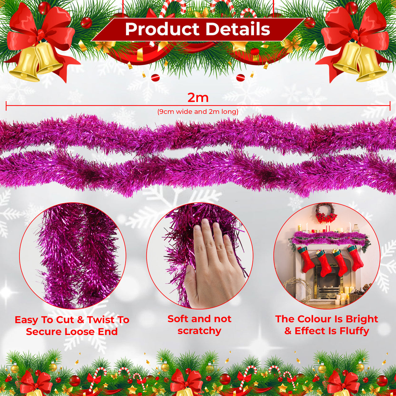 2m Christmas Tinsel Garland - Rose Pink