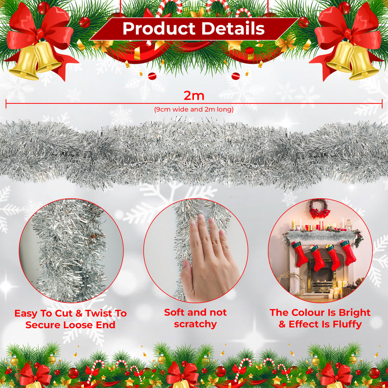 2m Christmas Tinsel Garland - Silver