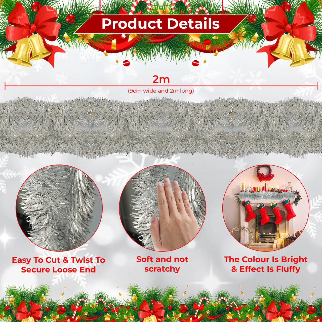 2m Christmas Tinsel Garland - Silver & White
