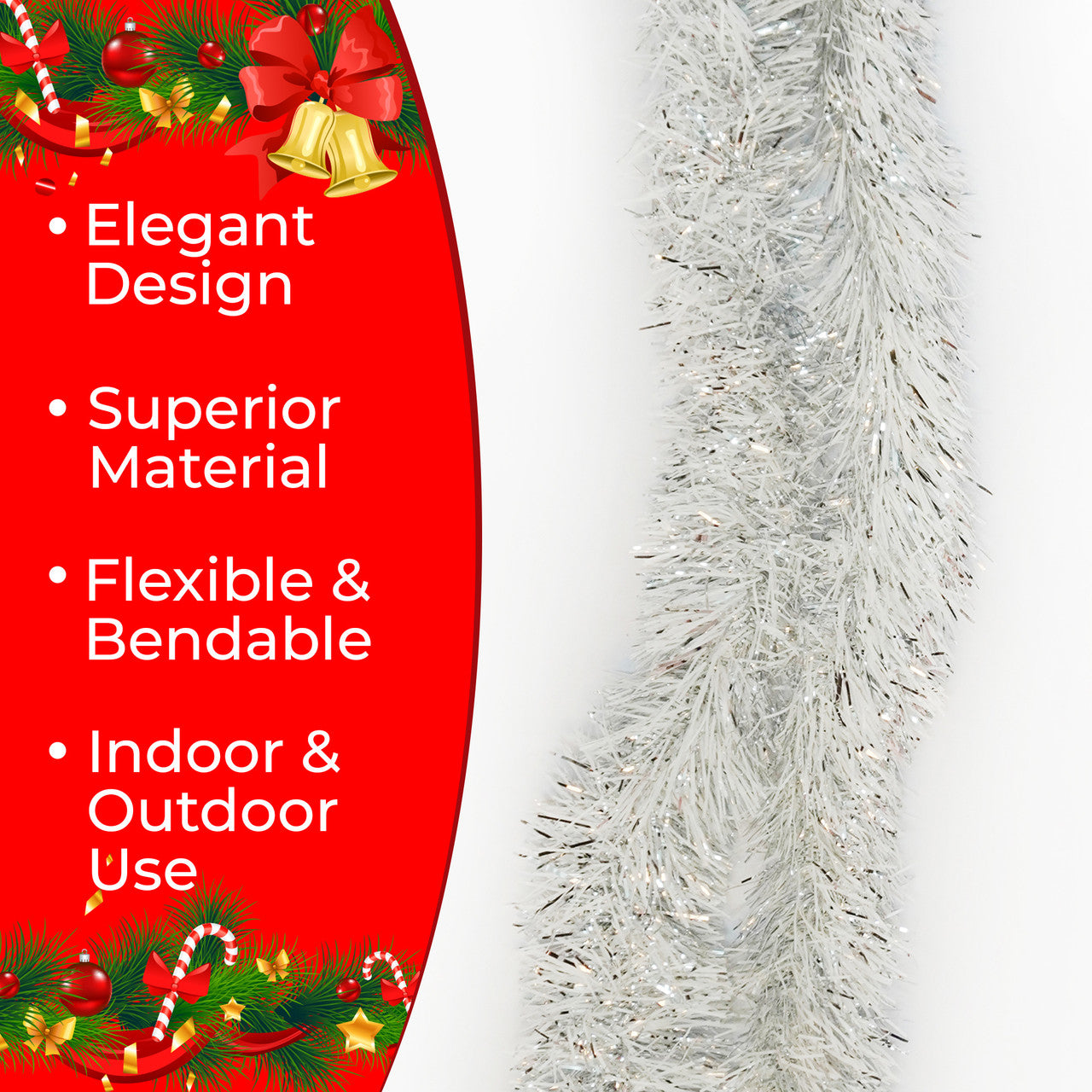 2m Christmas Tinsel Garland - Silver & White