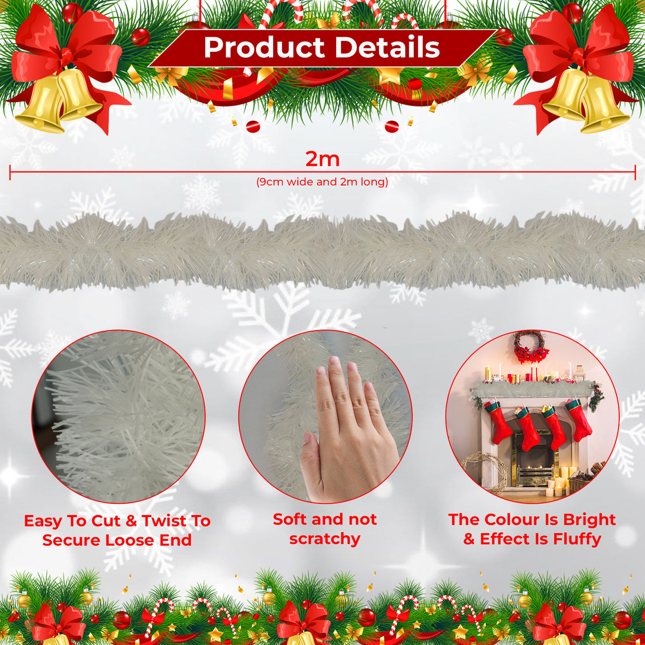 2m Christmas Tinsel Garland - White