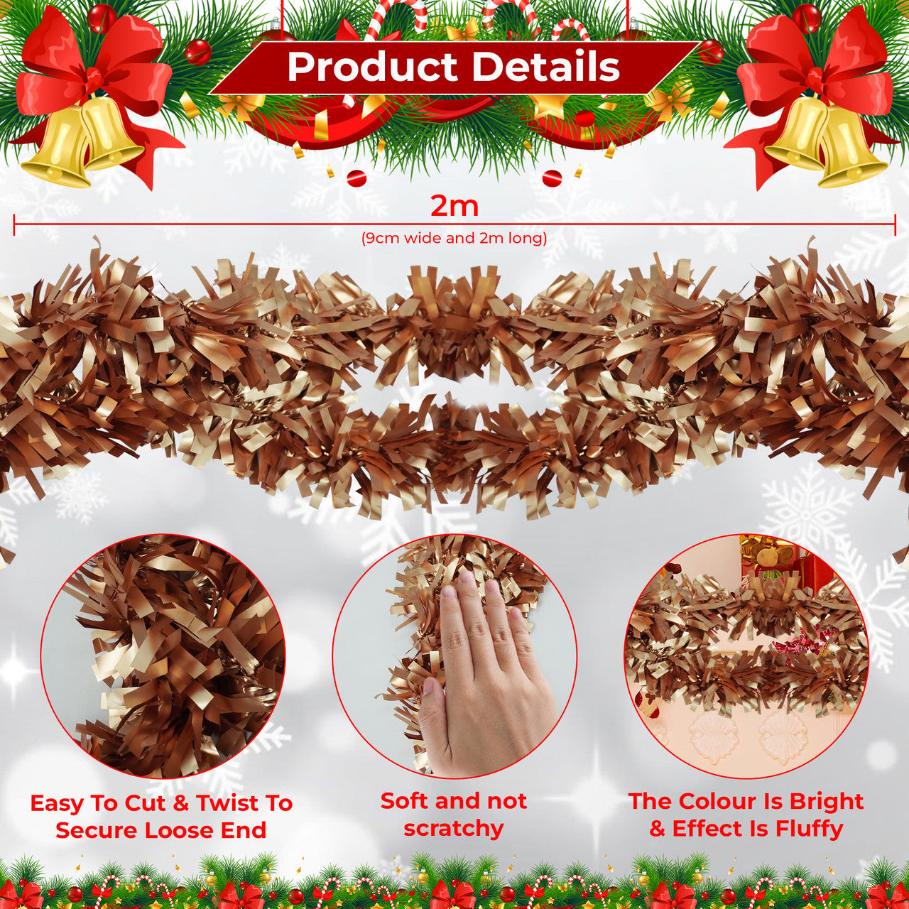 2m Christmas Wide Tinsel Garland - Champange