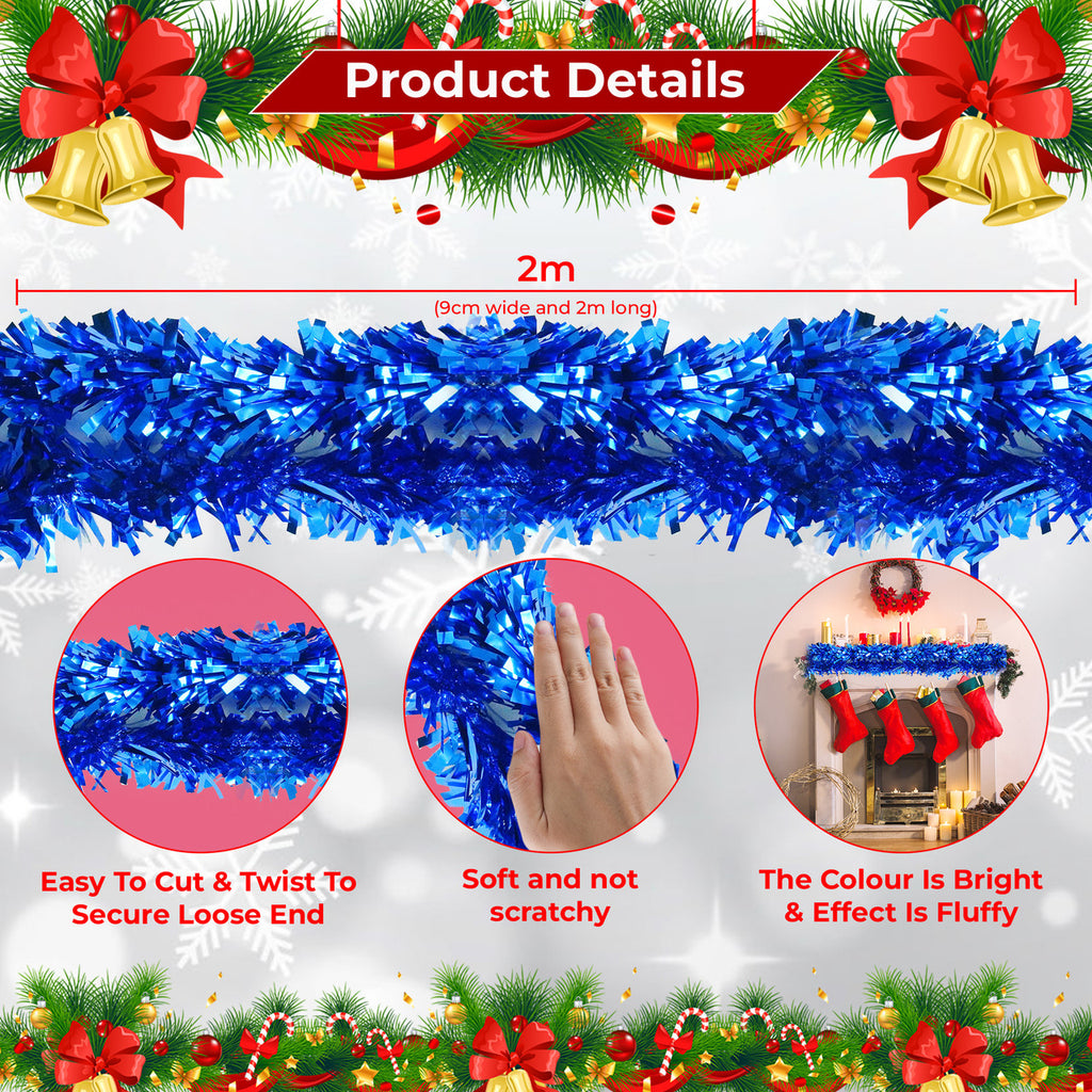 2m Christmas Wide Tinsel Garland - Blue