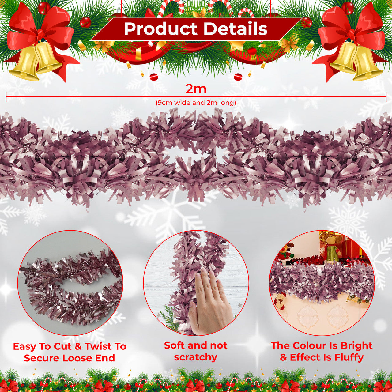 2m Christmas Wide Tinsel Garland - Pink