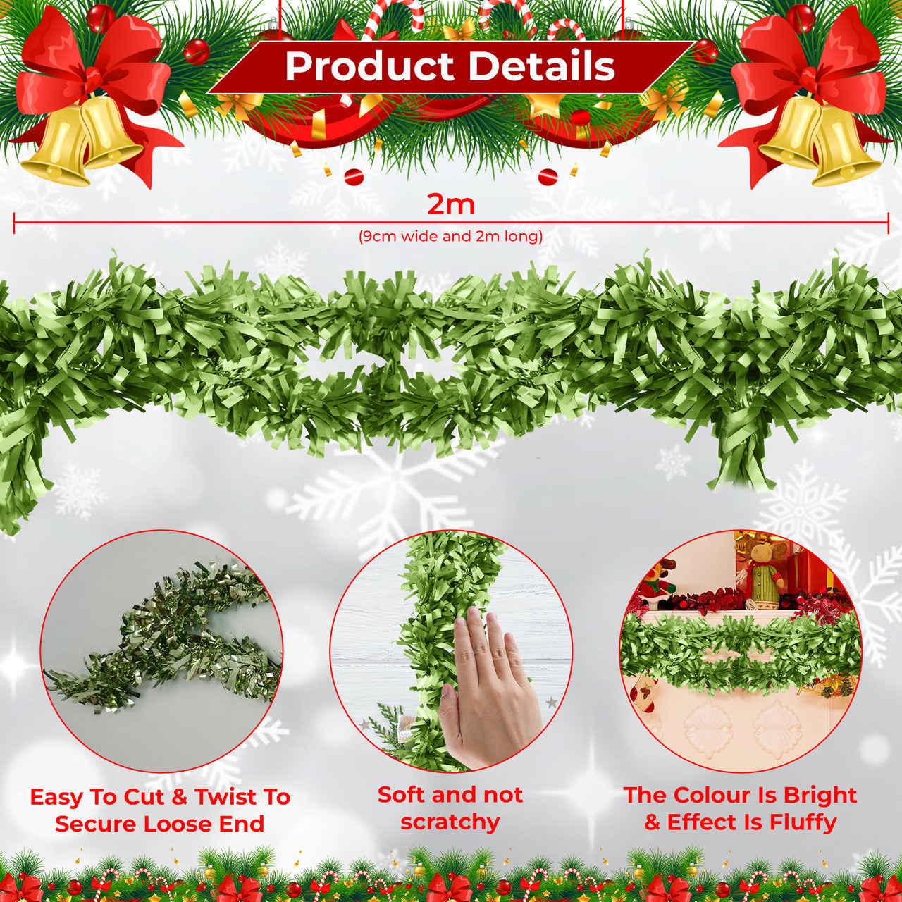 2m Christmas Wide Tinsel Garland - Apple Green