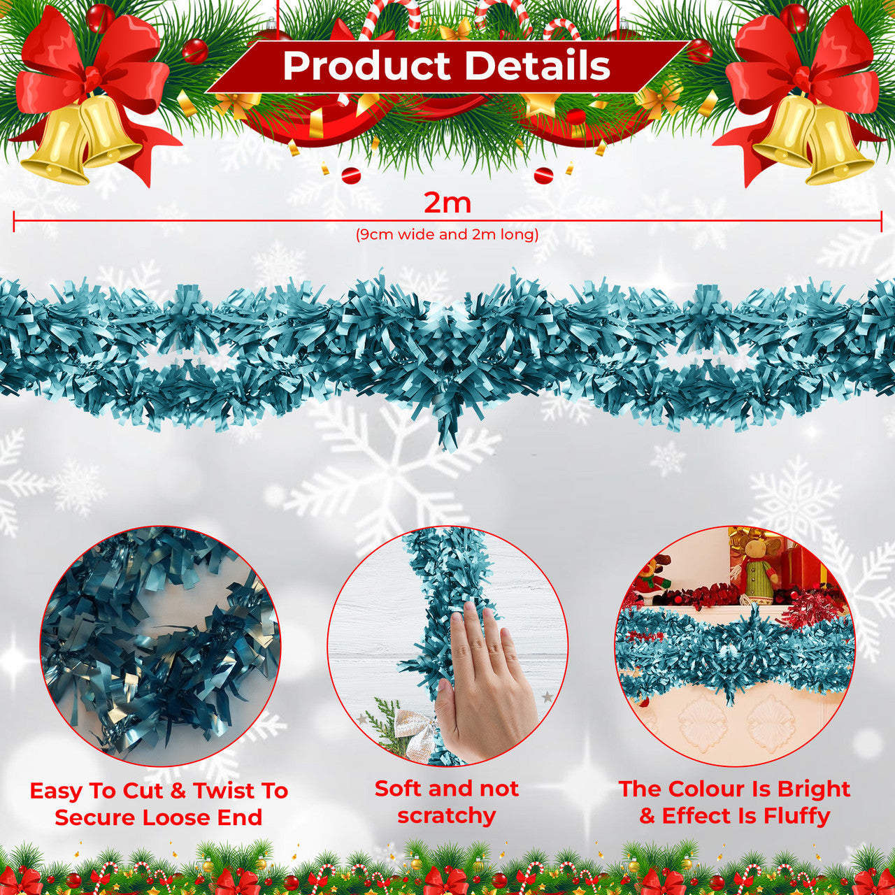 2m Christmas Wide Tinsel Garland - Baby Blue