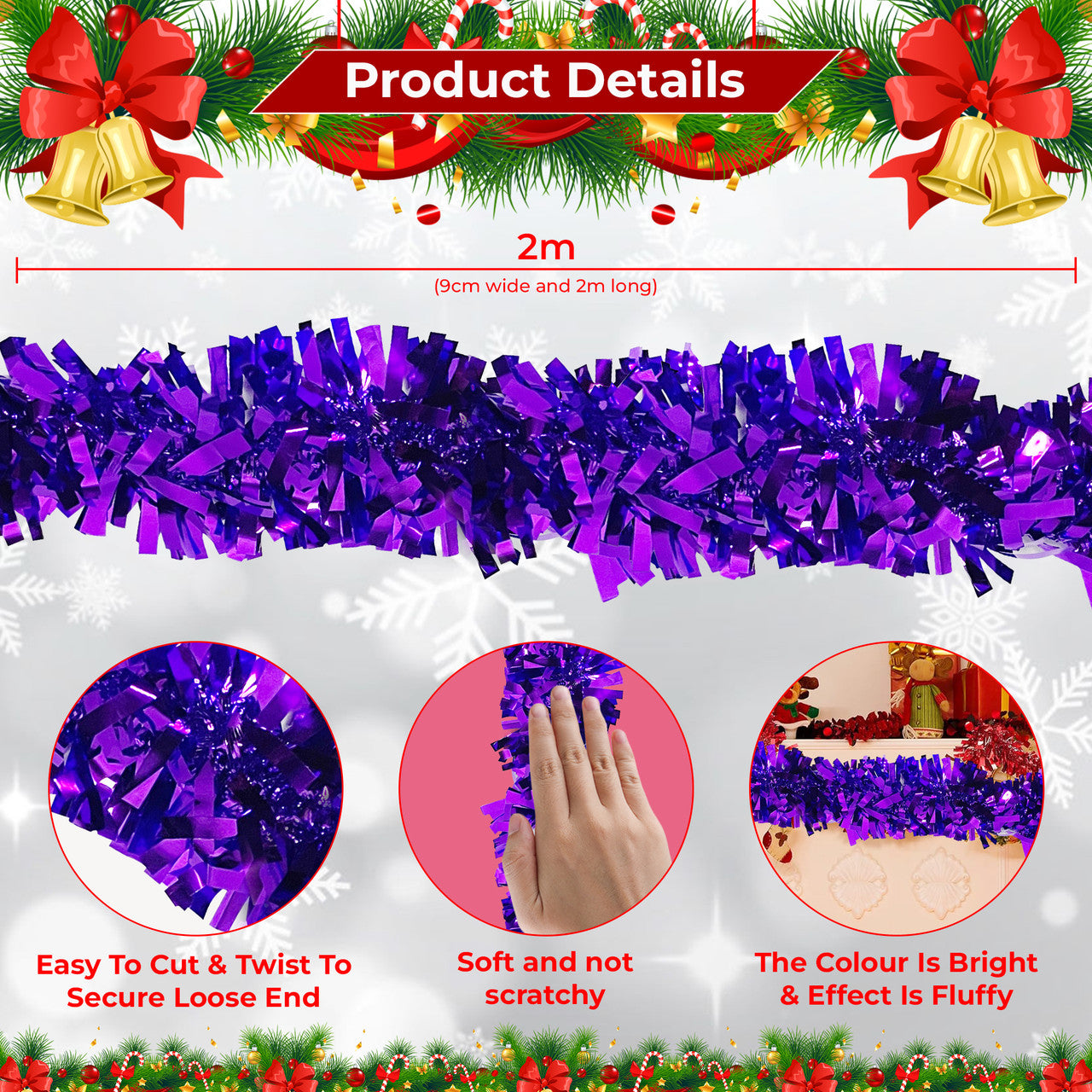 2m Christmas Wide Tinsel Garland - Dark Purple
