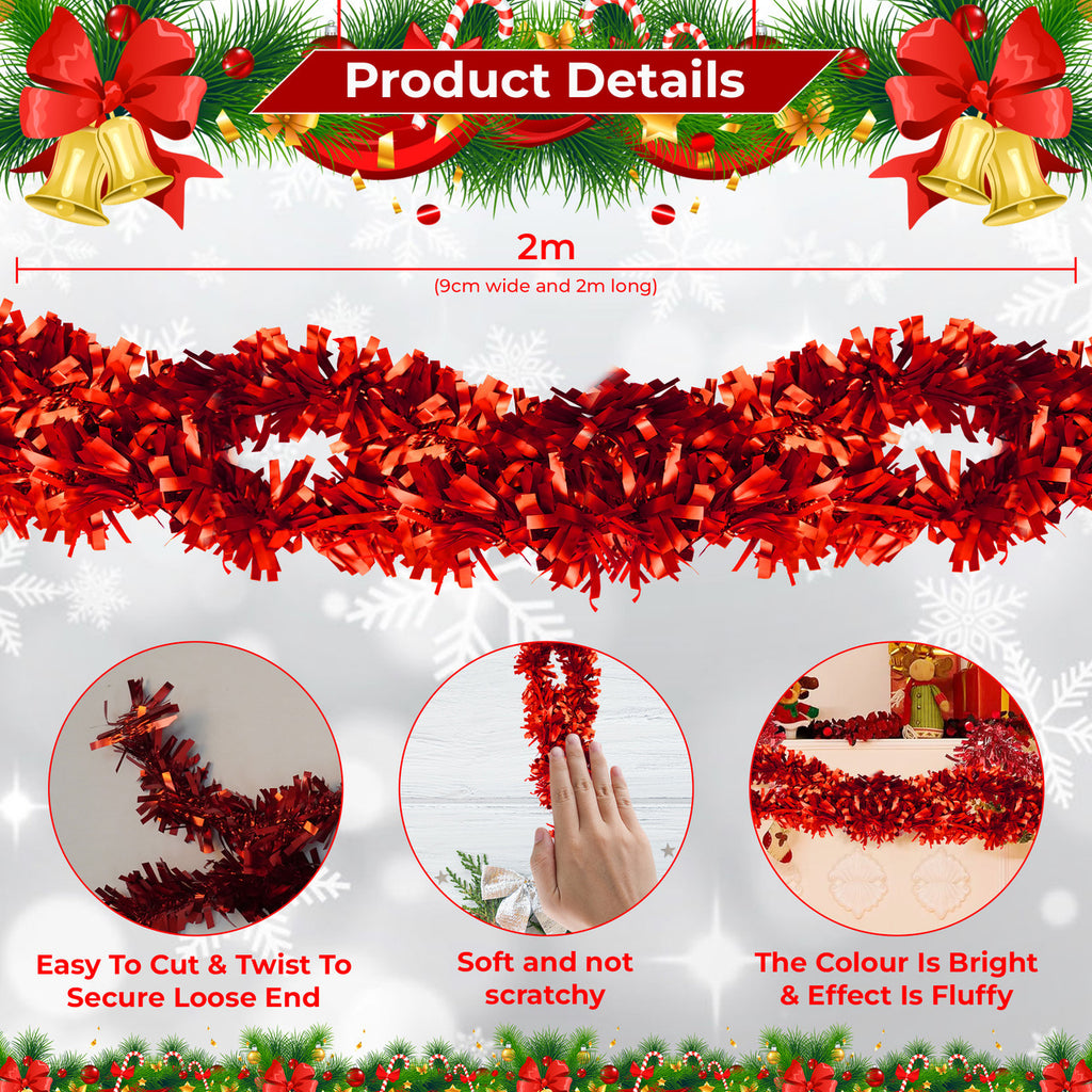 2m Christmas Wide Tinsel Garland - Red