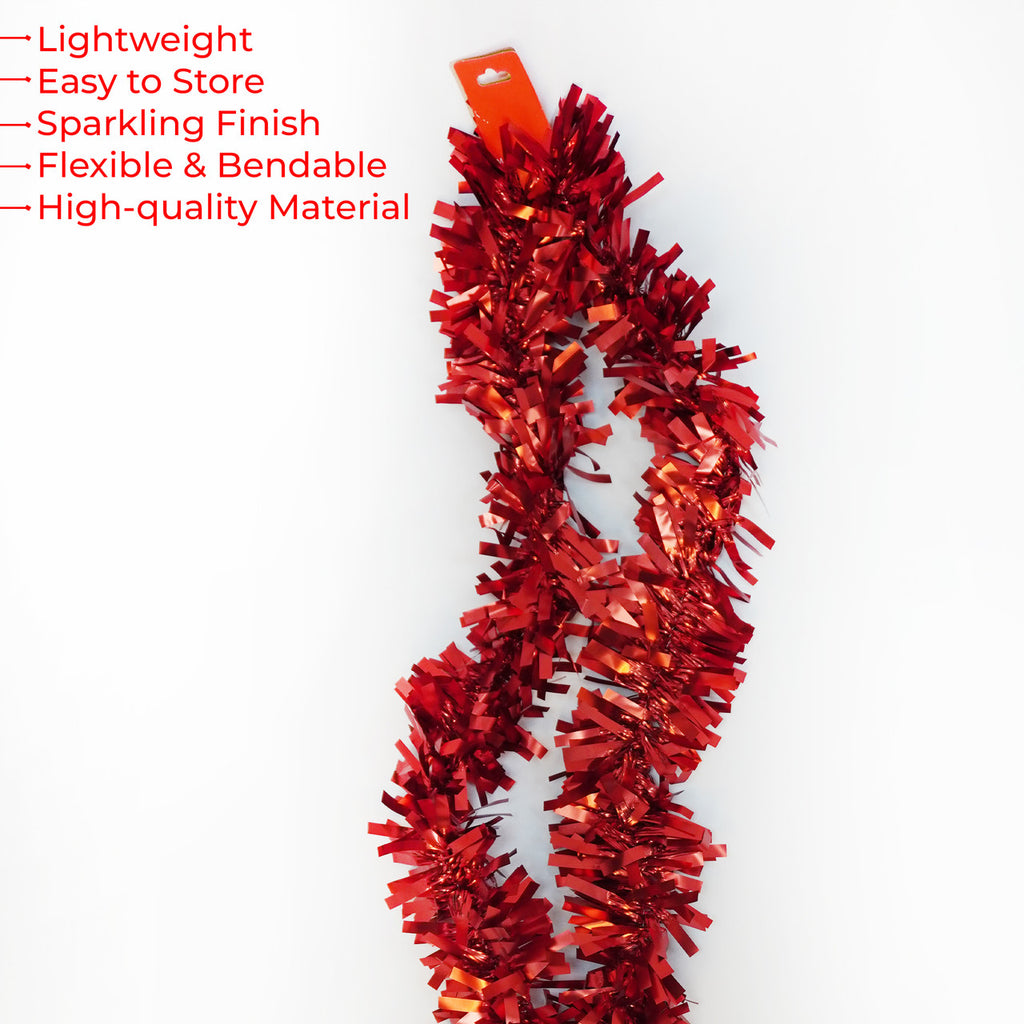 2m Christmas Wide Tinsel Garland - Red