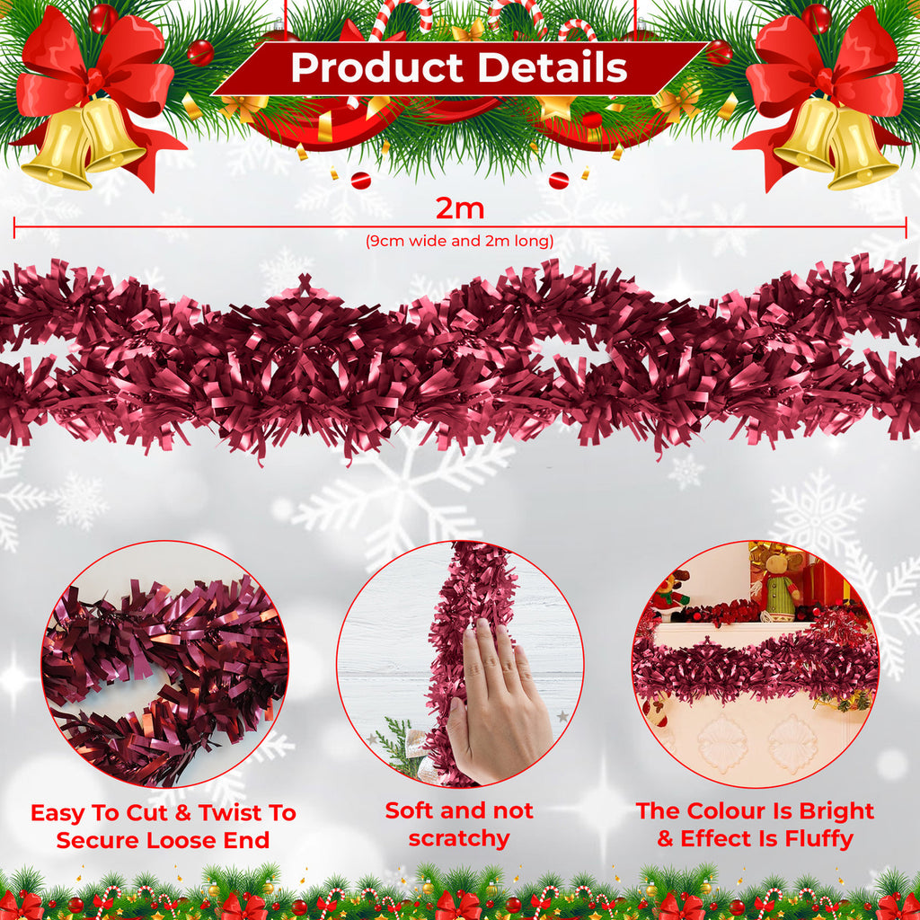 2m Christmas Wide Tinsel Garland - Burgundy