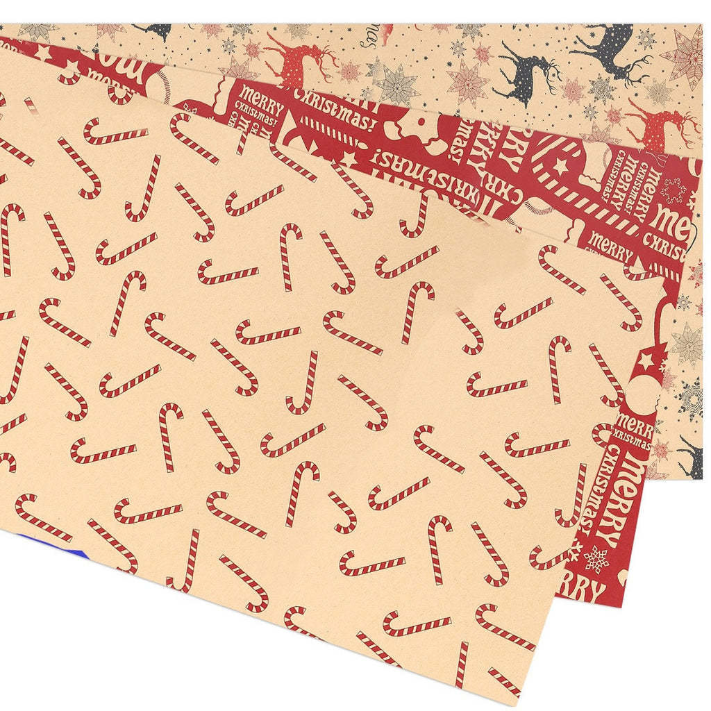 Christmas Kraft Wrapping Paper 70cm x 50cm, 9 sheets - Reindeer & Candy Cane Designs