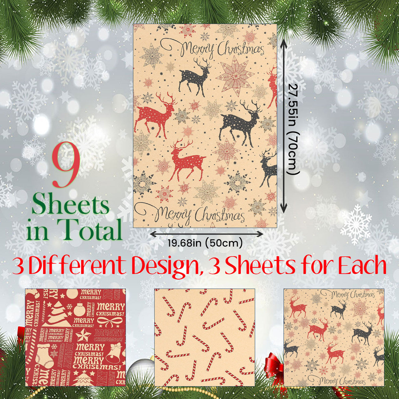 Christmas Kraft Wrapping Paper 70cm x 50cm, 9 sheets - Reindeer & Candy Cane Designs