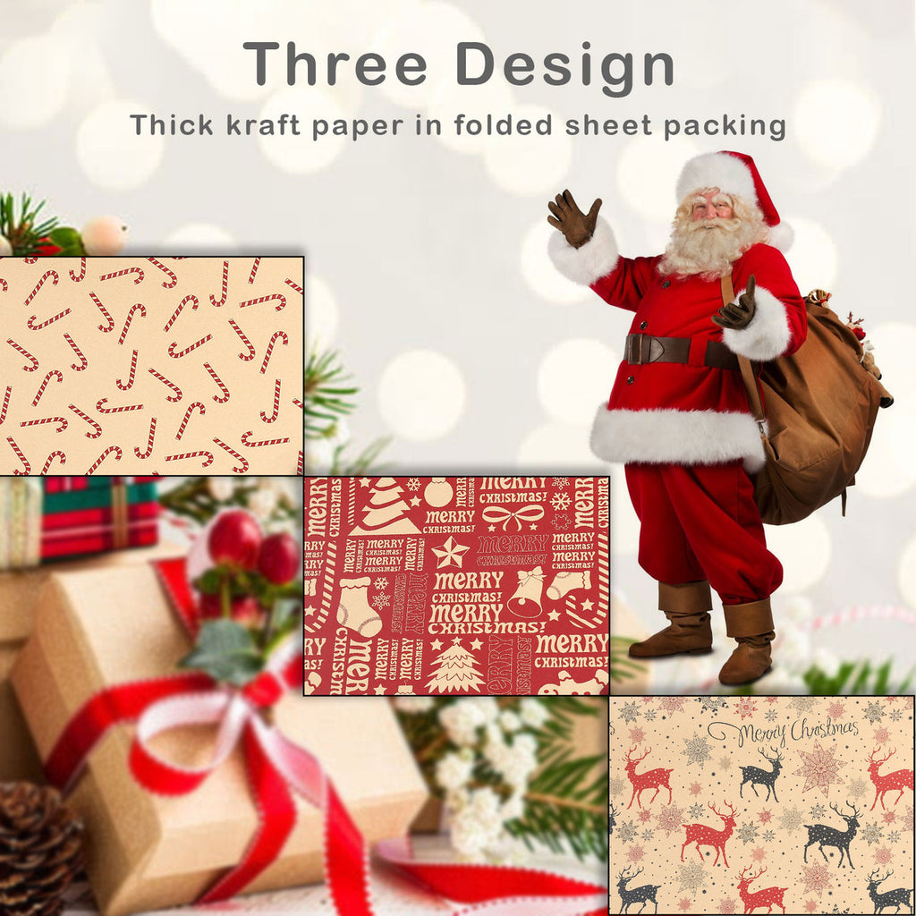 Christmas Kraft Wrapping Paper 70cm x 50cm, 9 sheets - Reindeer & Candy Cane Designs