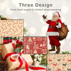 Christmas Kraft Wrapping Paper 70cm x 50cm, 9 sheets - Reindeer & Candy Cane Designs