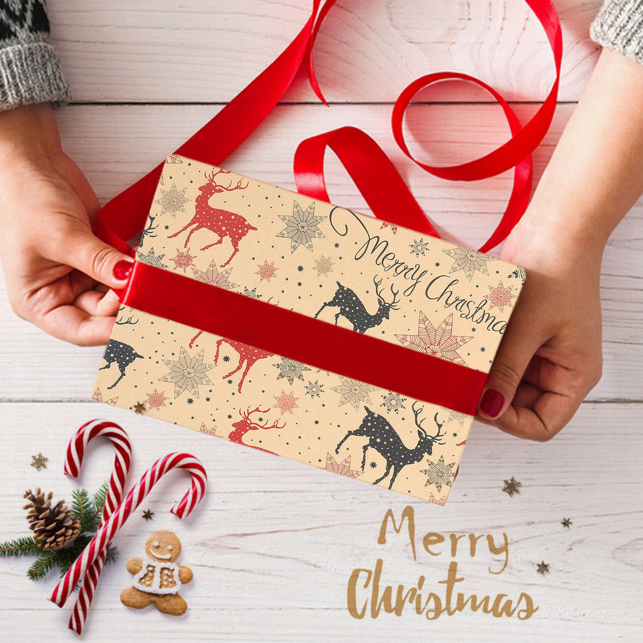 Christmas Kraft Wrapping Paper 70cm x 50cm, 9 sheets - Reindeer & Candy Cane Designs