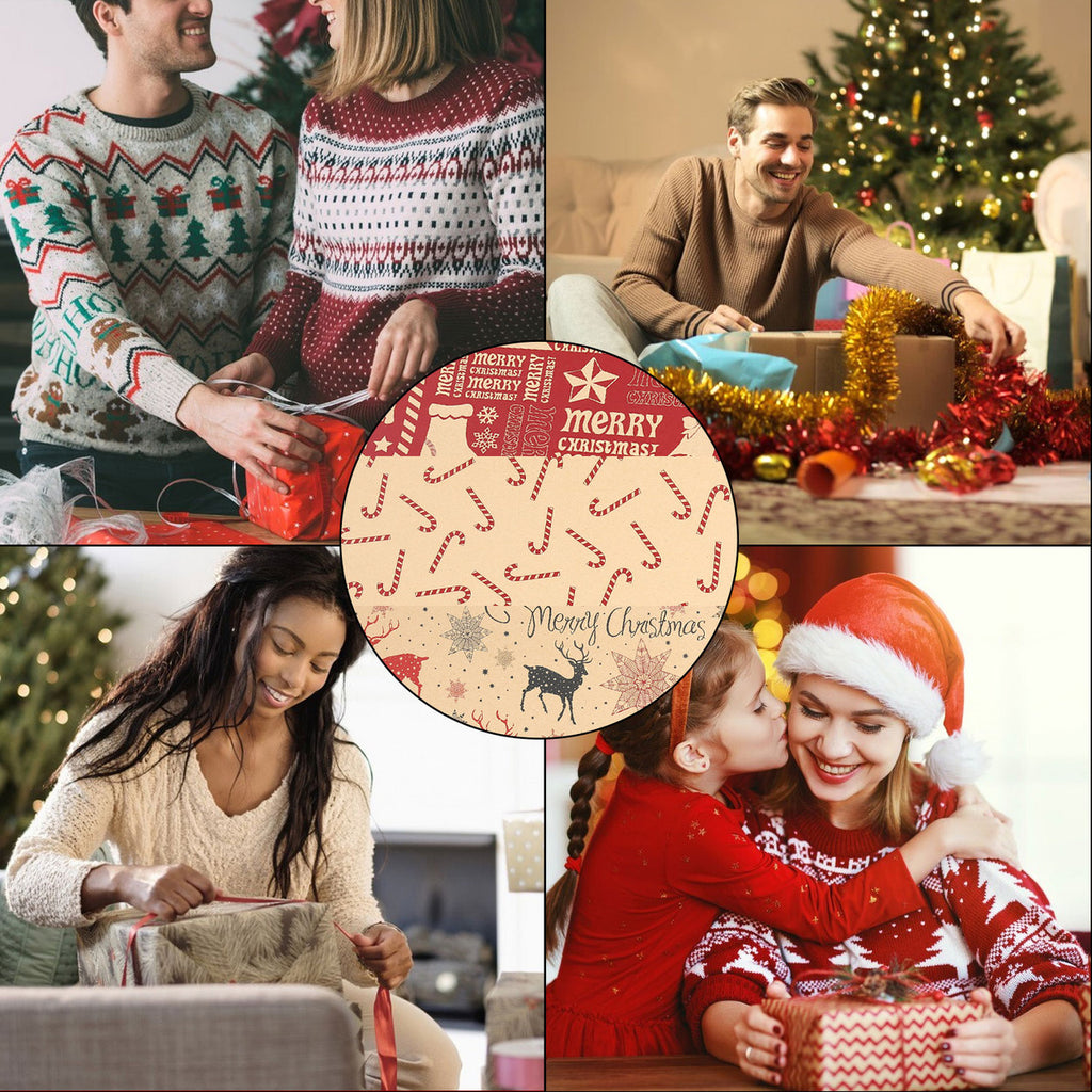 Christmas Kraft Wrapping Paper 70cm x 50cm, 9 sheets - Reindeer & Candy Cane Designs