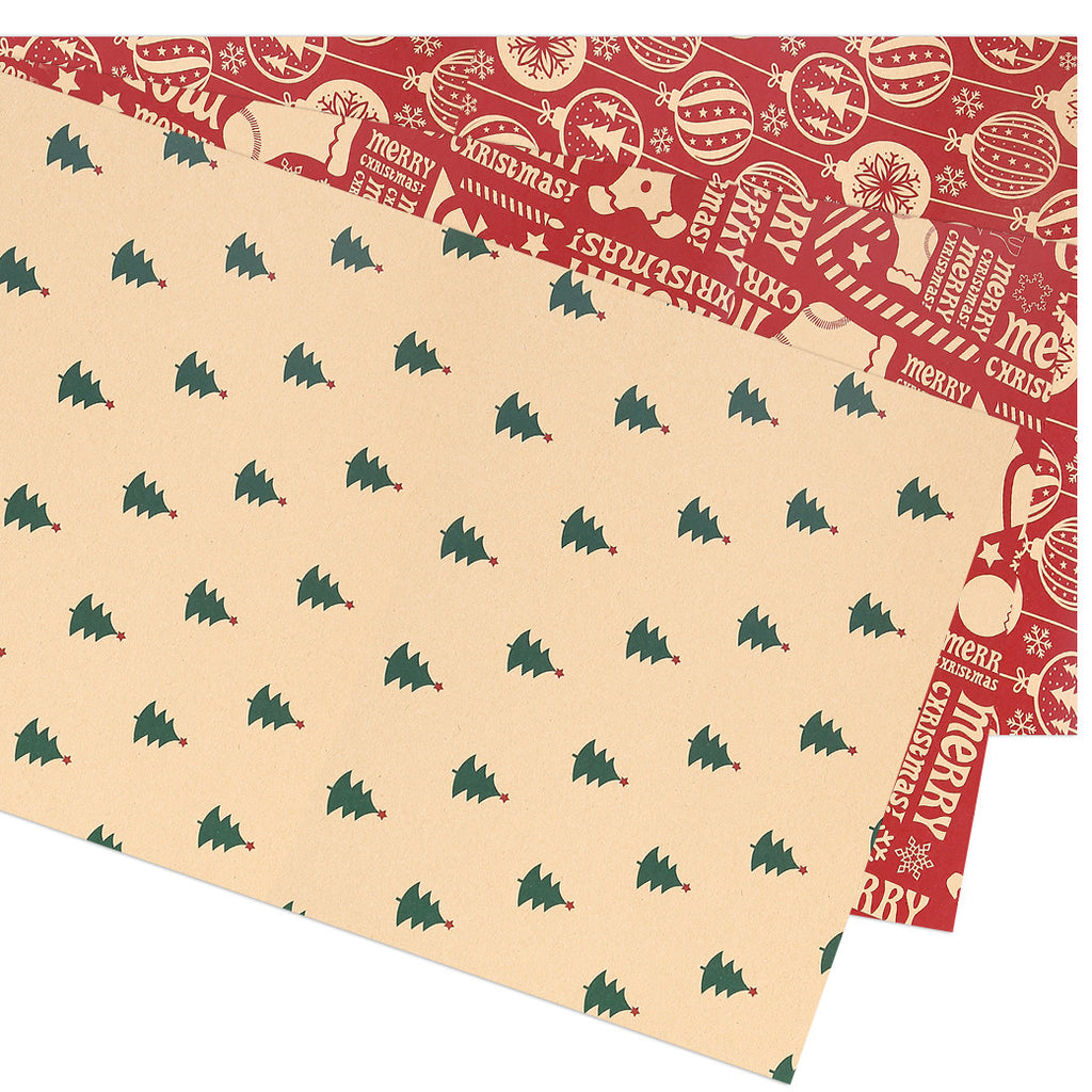 Christmas Kraft Wrapping Paper 70cm x 50cm, 9 sheets - Christmas Tree & Bauble Designs