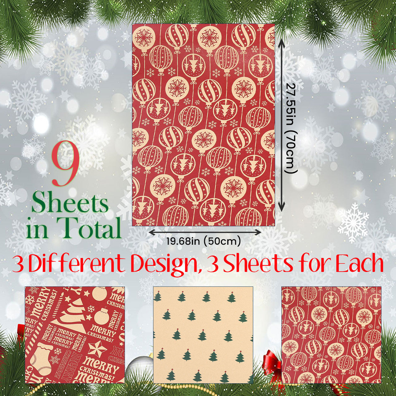 Christmas Kraft Wrapping Paper 70cm x 50cm, 9 sheets - Christmas Tree & Bauble Designs