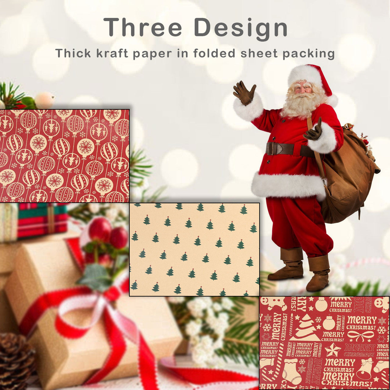 Christmas Kraft Wrapping Paper 70cm x 50cm, 9 sheets - Christmas Tree & Bauble Designs