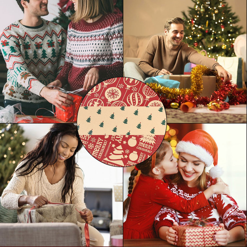 Christmas Kraft Wrapping Paper 70cm x 50cm, 9 sheets - Christmas Tree & Bauble Designs