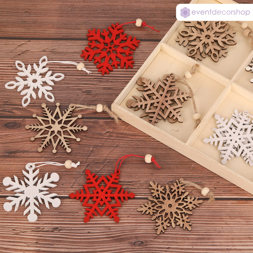 Laser Cut Wooden Snowflake Christmas Ornaments – 18-Piece