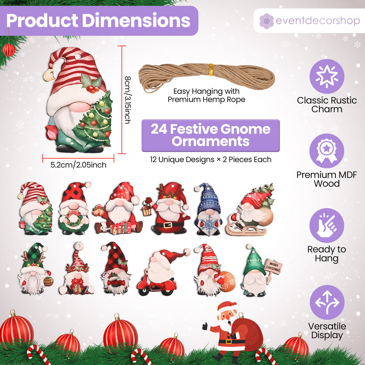 Wooden Gnome Christmas Ornaments – 24-Piece