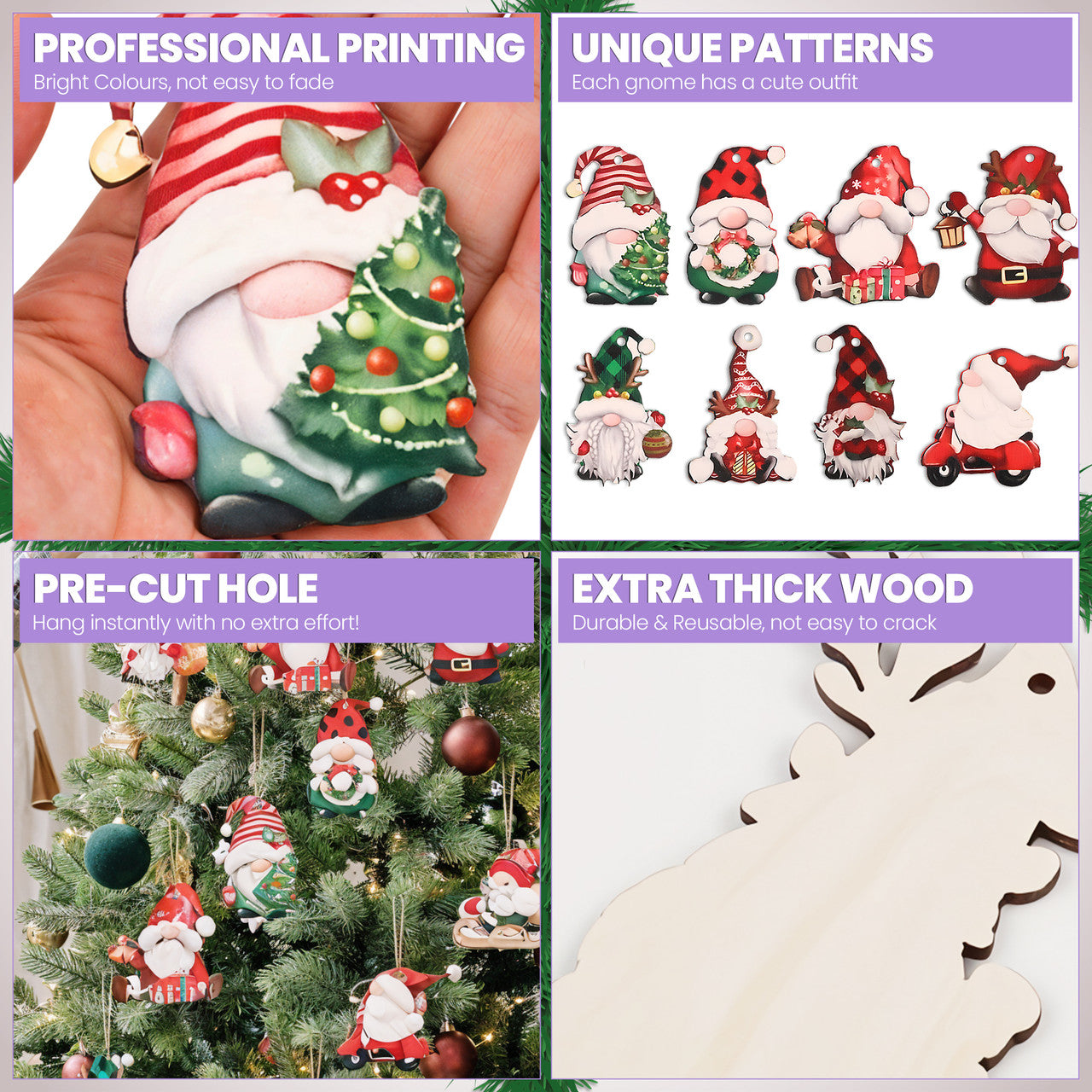 Wooden Gnome Christmas Ornaments – 24-Piece