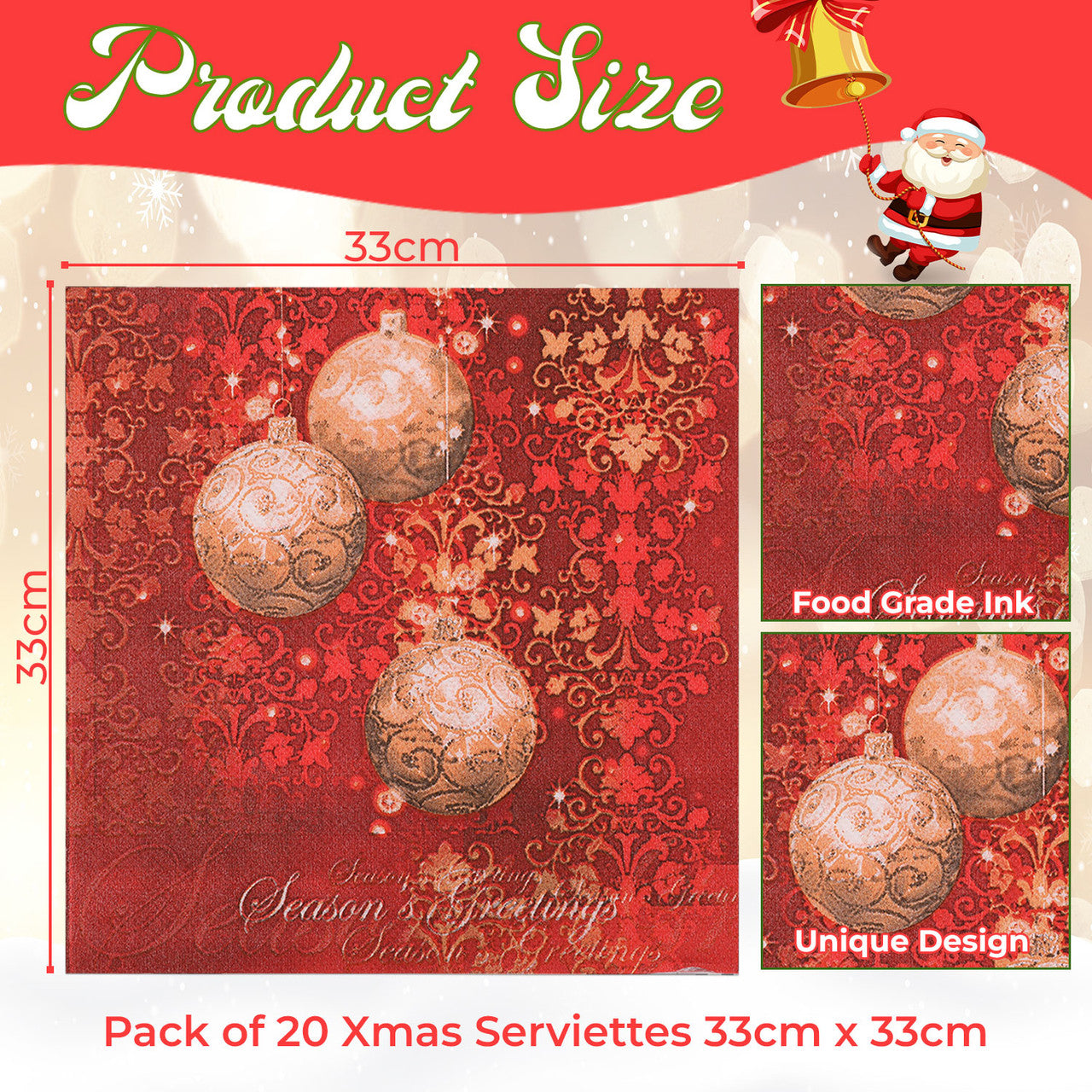 Christmas Paper Napkins (Pack of 20) - Red and Gold