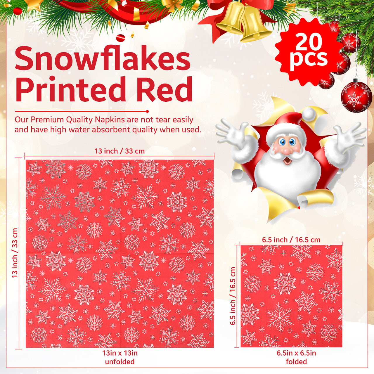 Christmas Snowflake Printed Napkins (Pack of 20) - Red