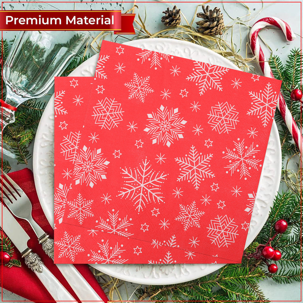 Christmas Snowflake Printed Napkins (Pack of 20) - Red