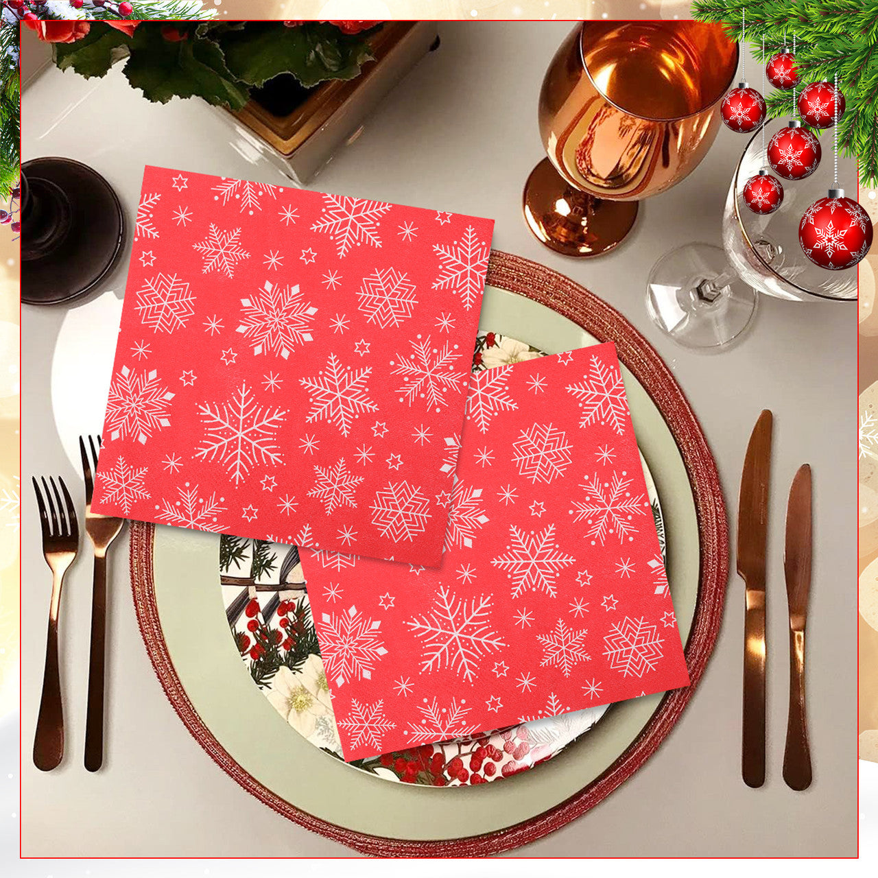 Christmas Snowflake Printed Napkins (Pack of 20) - Red