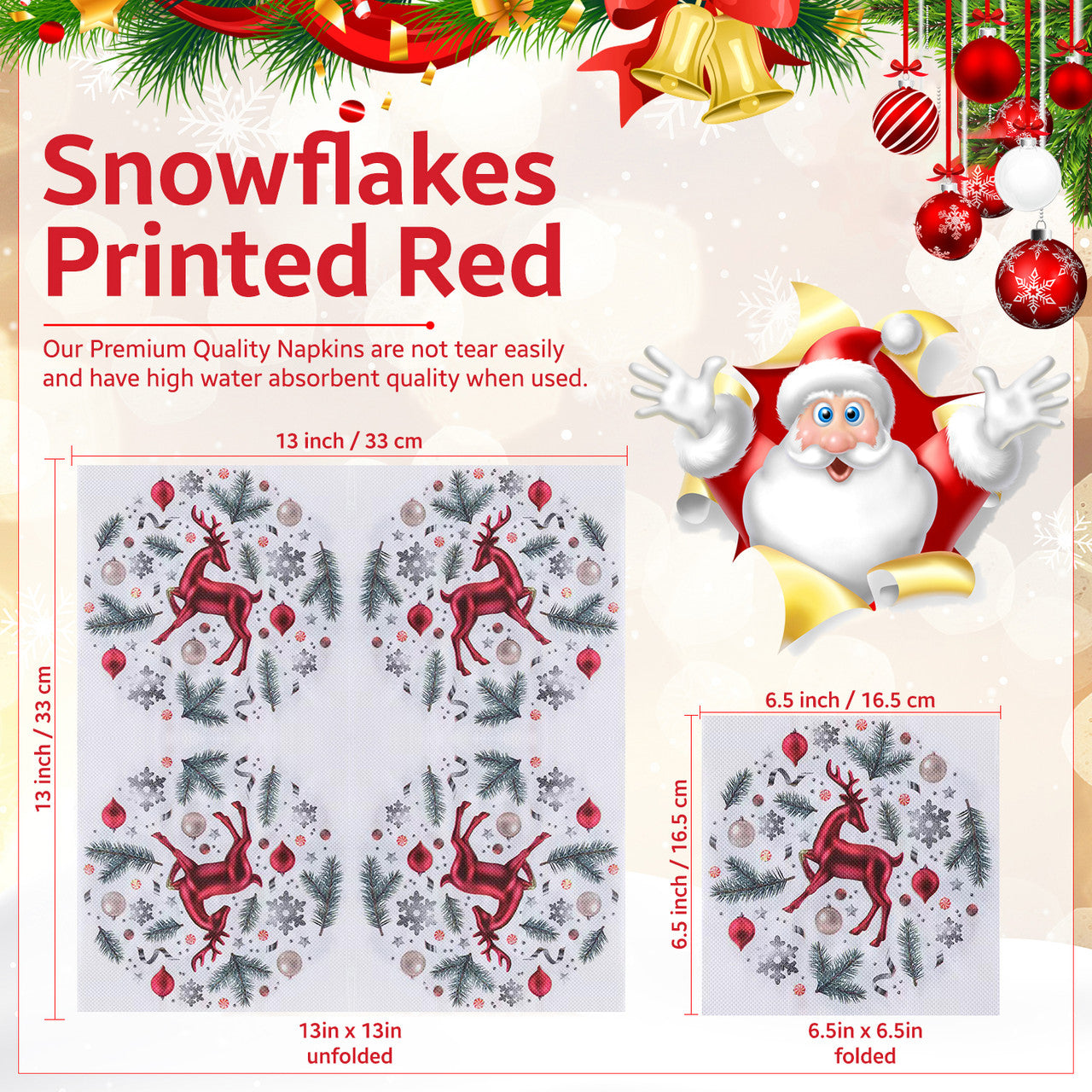 White Disposable Paper Napkins - Red Reindeer Design