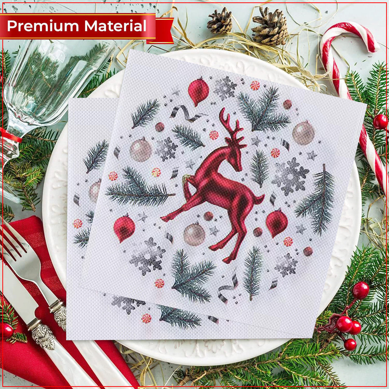 White Disposable Paper Napkins - Red Reindeer Design