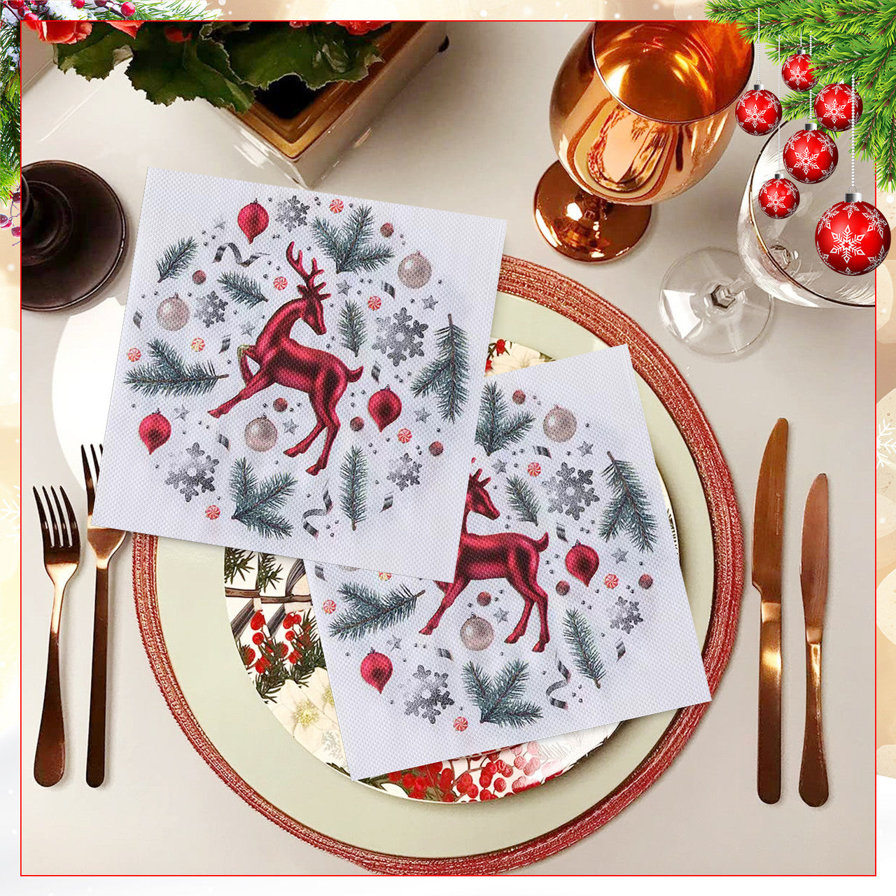 White Disposable Paper Napkins - Red Reindeer Design