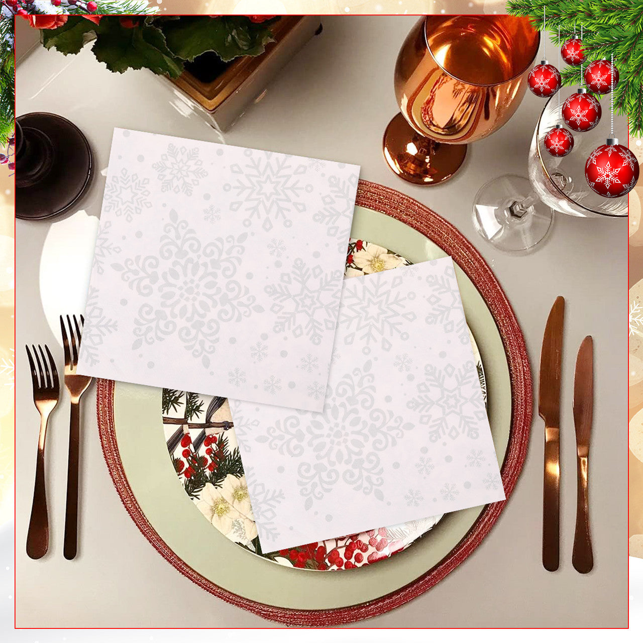 Christmas Snowflake Printed Napkins (Pack of 20) - White