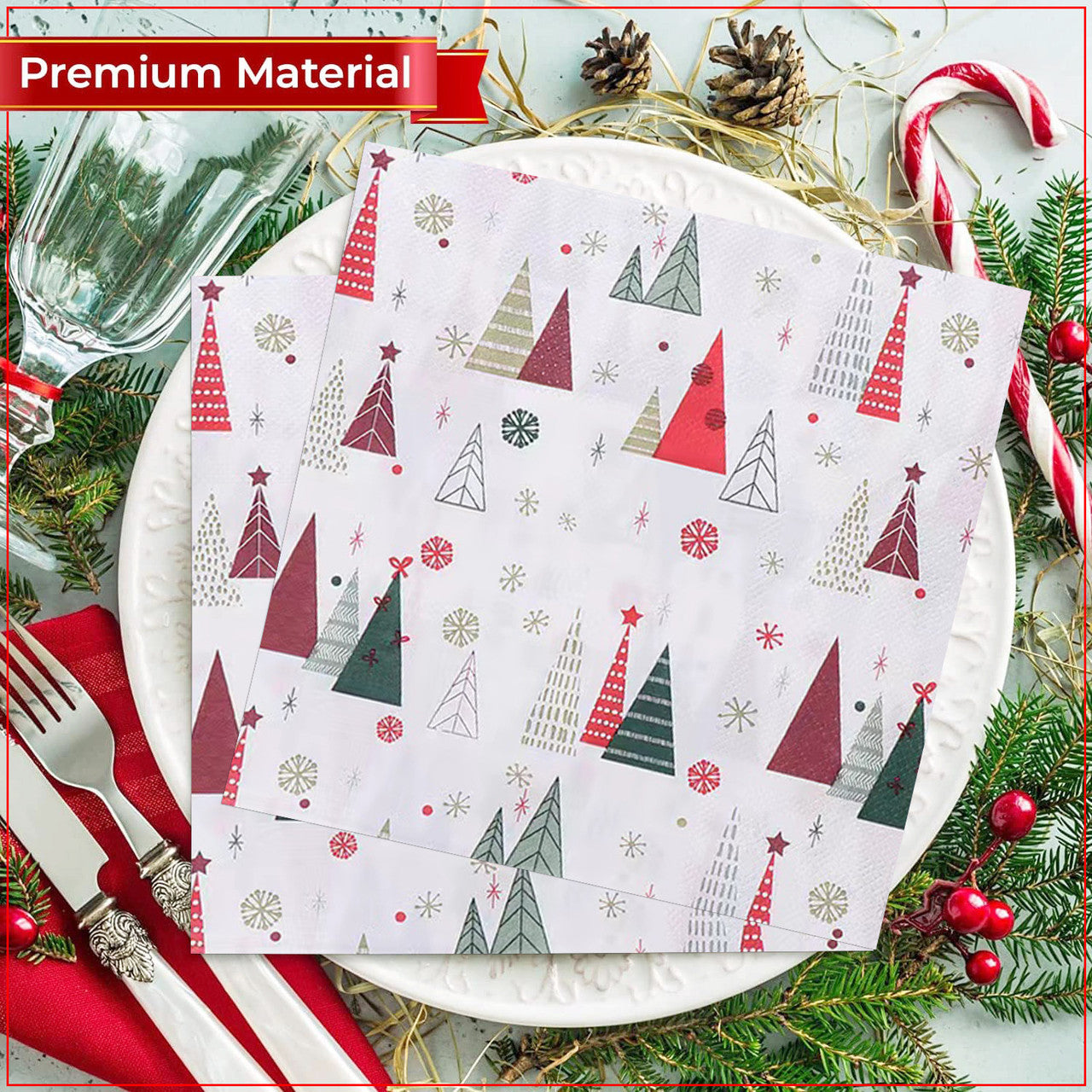 White Disposable Paper Napkins - XMAS Tree Design