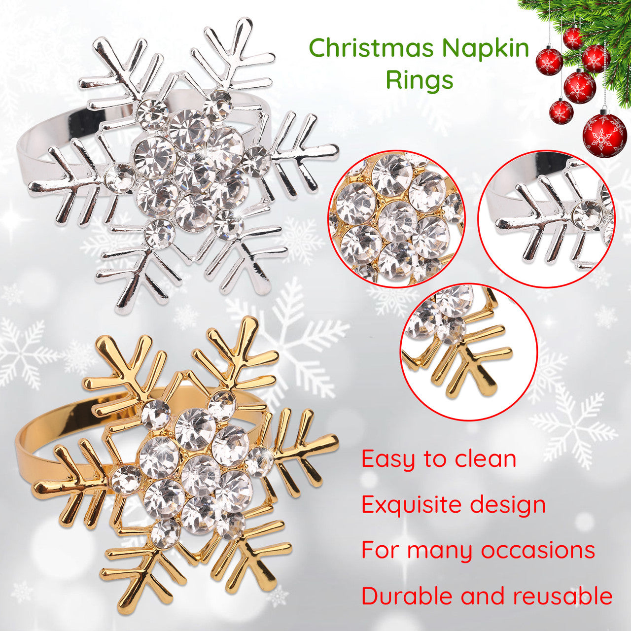Snowflake Napkin Rings with Diamante – Christmas Table Décor- Silver