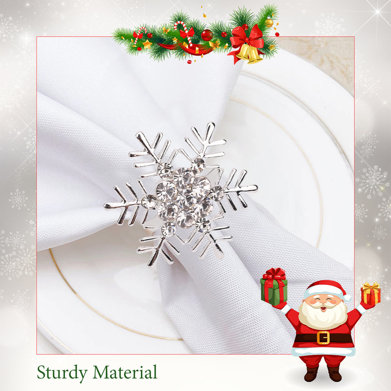 Snowflake Napkin Rings with Diamante – Christmas Table Décor- Silver