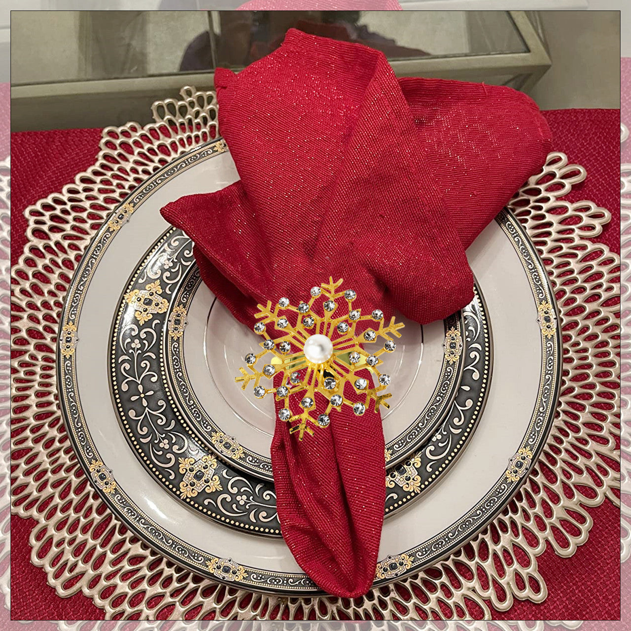 Sunburst Pearl Napkin Rings – Rhinestone Table Décor - Gold